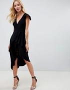 Asos Design Wrap Dress With Frill Sleeve - Black