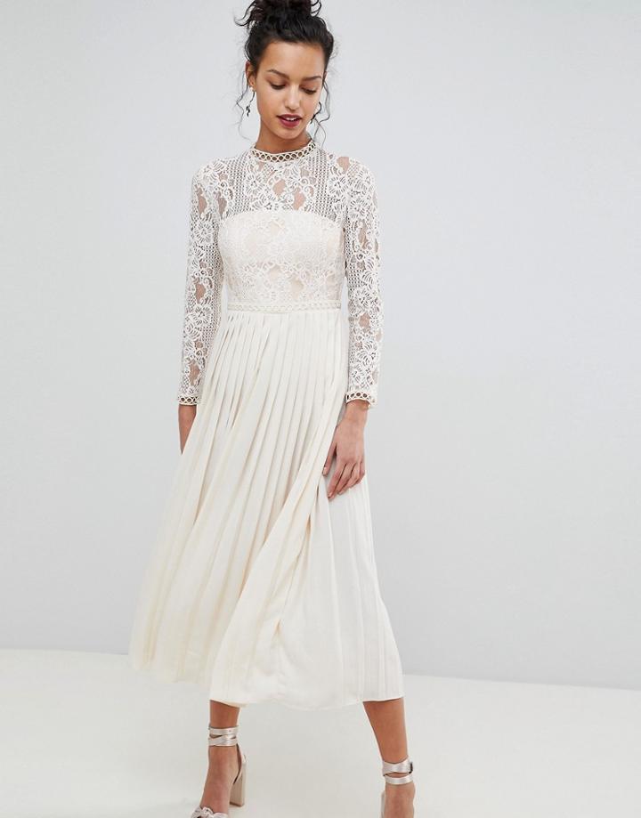 Little Mistress Sheer Lace Top Midaxi Dress With Pleated Skirt - Cream