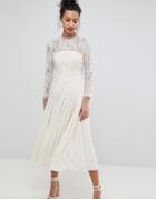 Little Mistress Sheer Lace Top Midaxi Dress With Pleated Skirt - Cream