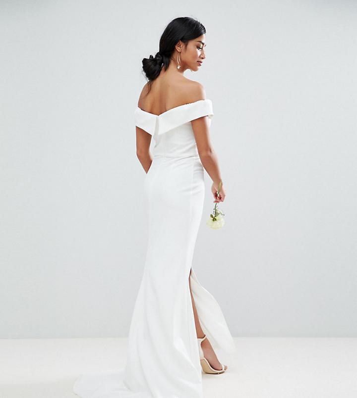 Jarlo Petite Bardot Maxi Dress With Thigh Split And Train Detail - White