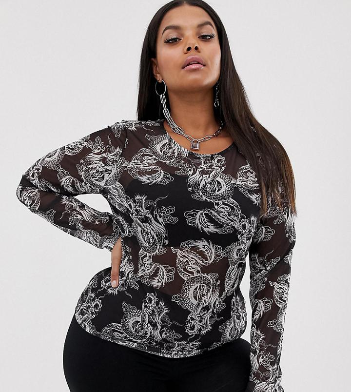 Asos Design Curve Long Sleeve Mesh Top In Dragon Print - Black