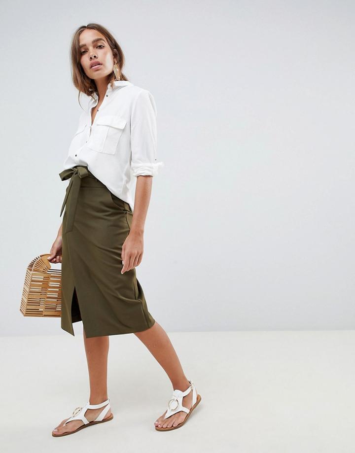 Asos Design Tailored Pencil Skirt With Obi Tie - Green