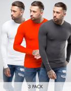 Asos 3 Pack Extreme Muscle Long Sleeve T-shirt Crew Neck Save - Multi