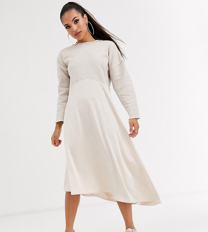 Asos Design Petite Sweat Midi Dress With Slinky Hem-cream