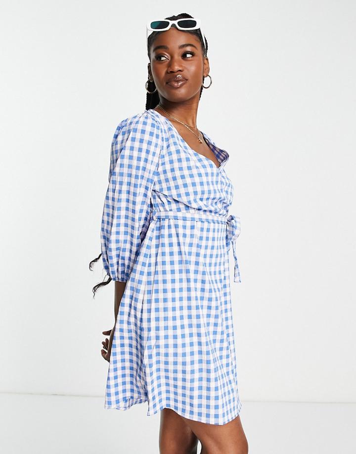 Jdy Wrap Mini Dress With Tie Waist In Blue Gingham-multi