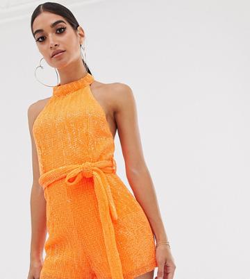 Club L London Petite Halterneck Sequin Romper In Neon Orange - Orange