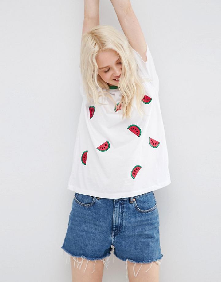 Asos Oversized T-shirt With Embroidered Watermelon Badges - White