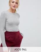 Asos Design Tall Ribbed Sweater In Fine Knit - Stone