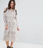 Asos Petite Printed Lace Midi Dress With Cold Shoulder And Metal Trim - Multi