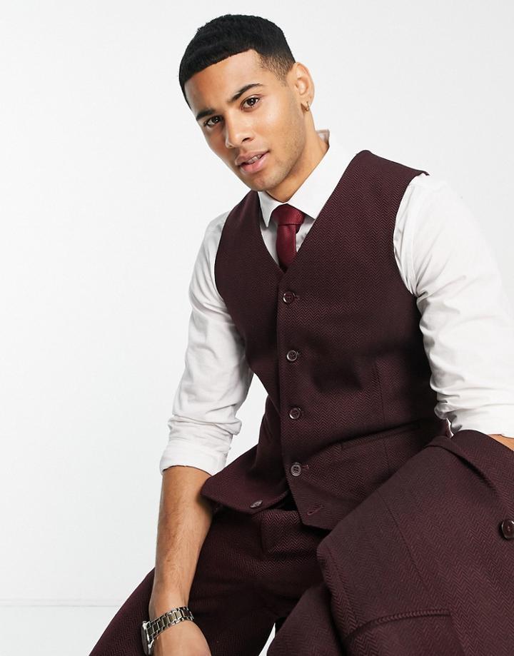 Asos Design Super Skinny Wool Mix Suit Vest In Burgundy Herringbone-red
