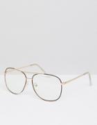 Asos Design Aviator Glasses In Rose Gold With Brown Edge Detail & Clear Lens - Gold
