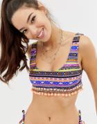 Asos Design Graphic Print Bead Pom Pom Embellished Crop Bikini Top - Multi