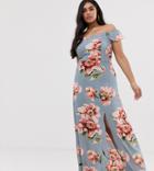Club L Plus Bardot Ruffle Sleeve Maxi Dress In Floral Print-blue