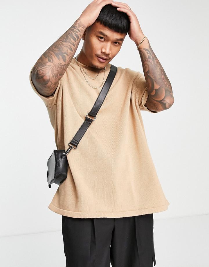 Asos Design Midweight Knitted T-shirt In Light Brown