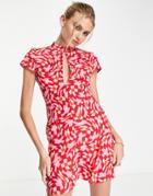 Asos Design Keyhole Front Mini Tea Dress In Pink And Red Geo Print-multi