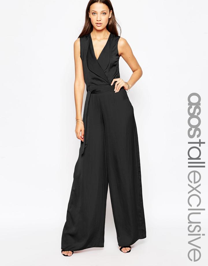 Asos Tall Wrap Front Wide Leg Jumpsuit - Black