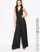 Asos Tall Wrap Front Wide Leg Jumpsuit - Black