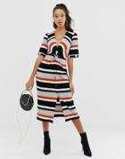 Asos Design Stripe Rib Twist Front Midi Dress With Button Detail - Multi