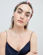 Asos Design Knot Front Turban Headband In Striped Floral Print - Multi
