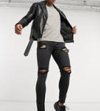 Asos Design Spray On Jeans With Power Stretch In Black With Mid Rips