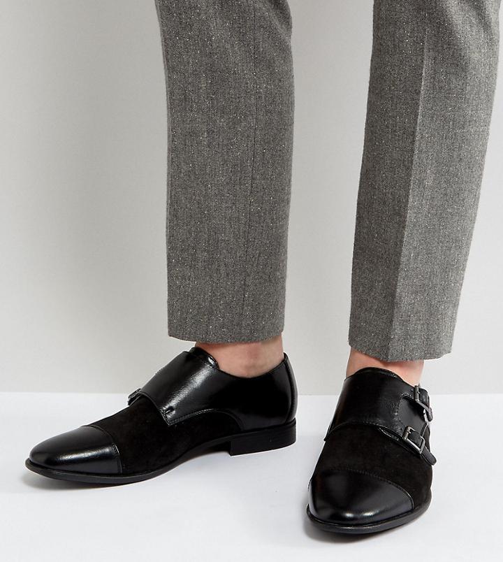 Asos Wide Fit Monk Shoes In Faux Black Leather - Black