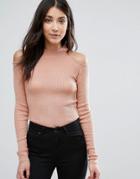 Brave Soul Cold Shoulder Rib Sweater - Pink