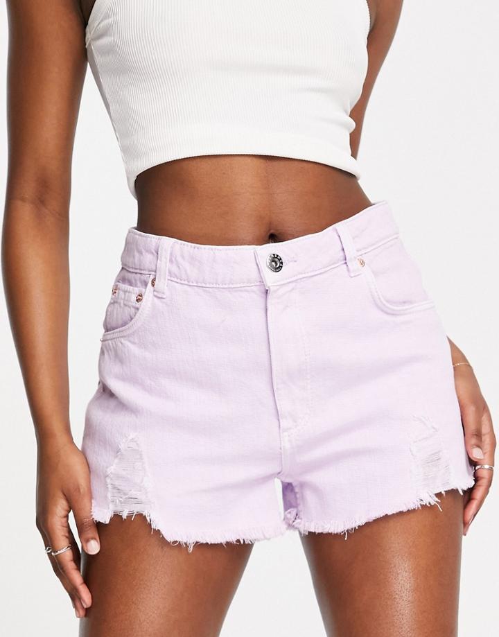 Bershka Raw Hem Ripped Shorts In Lilac-purple