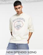 Asos Design Oversized T-shirt With Varsity Front Print In Beige-neutral