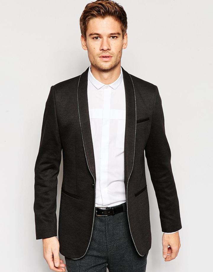 Asos Skinny Blazer In Jersey With Piping In Black - Black
