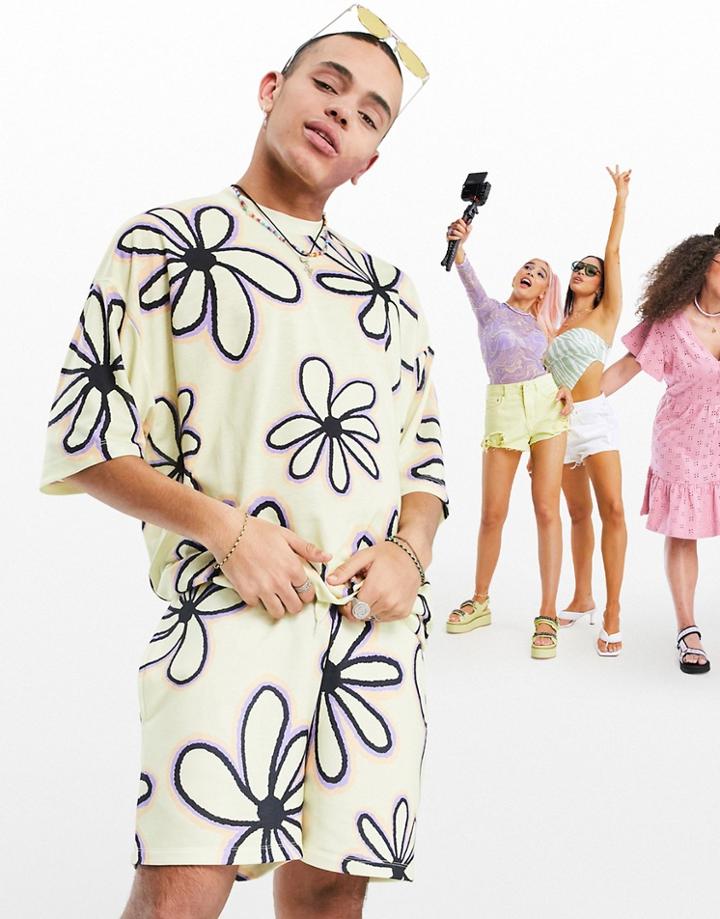 Asos Design Set Oversized Jersey Shorts With All Over Flower Print-multi