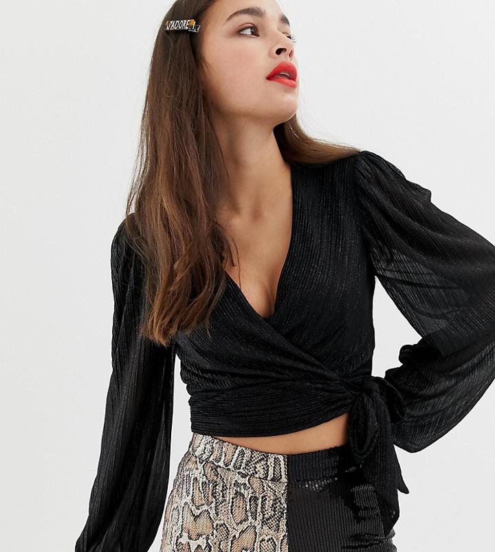 Bershka Pleat Tie Front Top-black