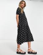 Asos Design Broderie Midi Tiered Shirt Dress With Short Sleeves In Black And White