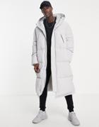 Topman Recycled Extra Longline Puffer Jacket With Hood In Gray-grey