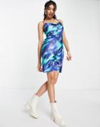 Monki Satin Waterfall Cami Mini Dress In Blue Print
