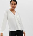 Asos Design Petite Long Sleeve Blouse With Pocket Detail - White