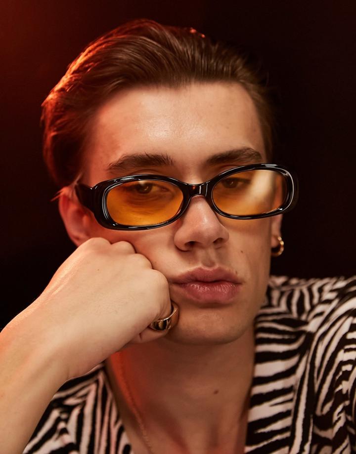 Asos Design 90's Retro Square Sunglasses In Black With Dark Yellow Lens