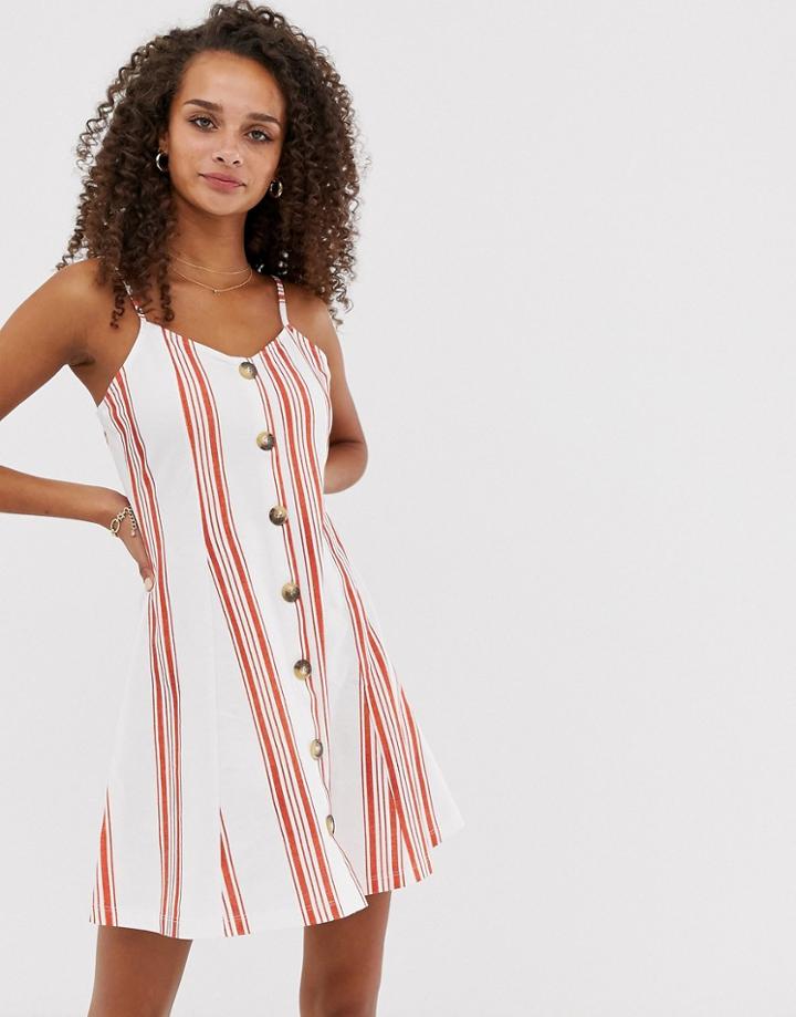 Asos Design Mini Cami Swing Dress With Faux Wood Buttons In Stripe - Multi