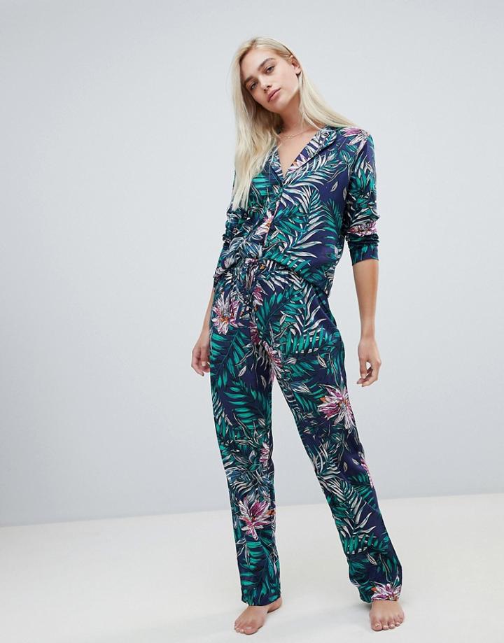 Asos Design Midnight Botanical Traditional Pyjama Shirt And Pants Set 100% Modal - Navy