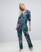 Asos Design Midnight Botanical Traditional Pyjama Shirt And Pants Set 100% Modal - Navy