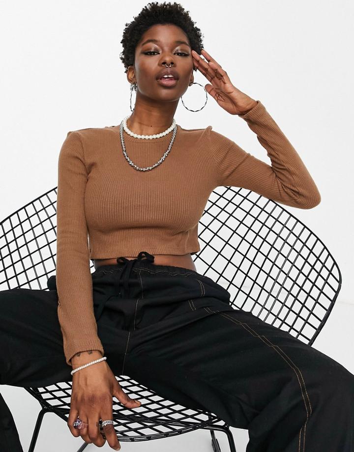 Noisy May Ribbed Crop Top In Mocha-brown