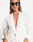 Asos Design Linen Grid Check Suit Blazer In Cream-white