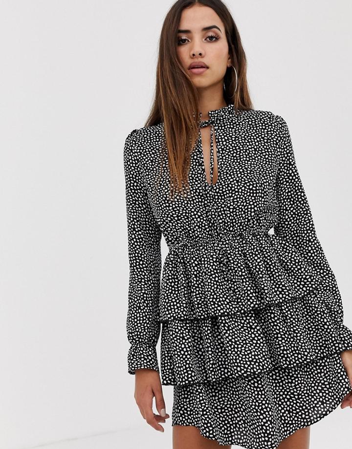 Boohoo Tiered Ruffle Mini Dress With Keyhole Tie Detail In Mono Polka Dot - Multi