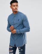 Siksilk Muscle Denim Shirt With Grandad Collar - Blue