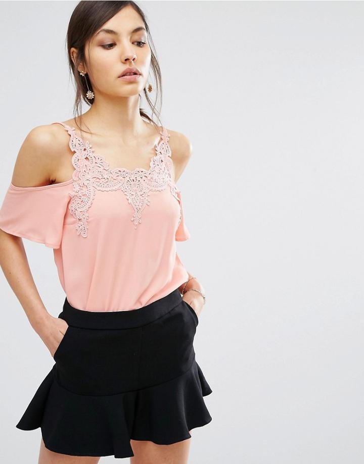 Oasis Lace Trim Cold Shoulder Top - Multi