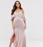 Flounce London Maternity Satin Stretch Midi Dress With Cold Shoulder With Frill Detail In Mauve - Purple