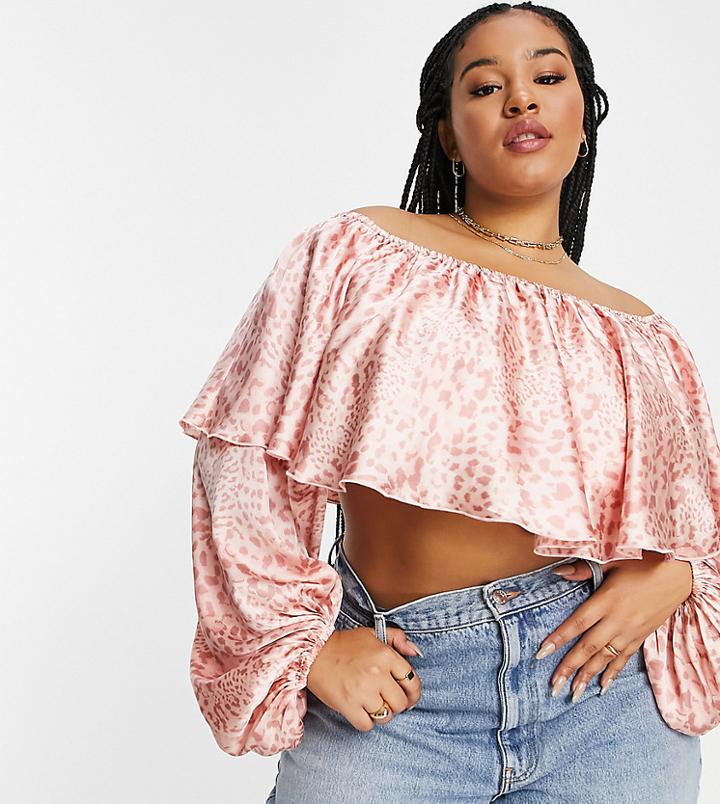 Asos Design Curve Off Shoulder Ruffle Crop Top With Long Sleeve In Pink-multi