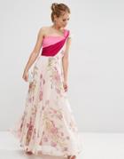 Asos Salon Premium Color Block Floral One Shoulder Maxi Dress - Multi