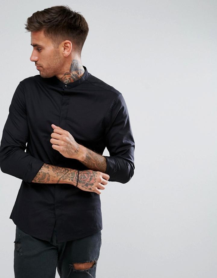 Asos Skinny Shirt With Grandad Collar And Popper In Black - Black