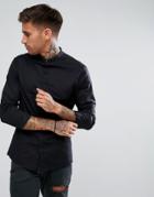 Asos Skinny Shirt With Grandad Collar And Popper In Black - Black