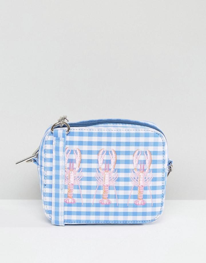Skinnydip Embroidered Gingham Lobster Cross Body Bag - Blue